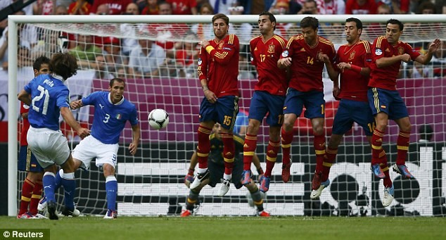 Andrea Pirlo đá phạt hàng rào khéo léo, buộc Iker Casillas vất vả cản phá.